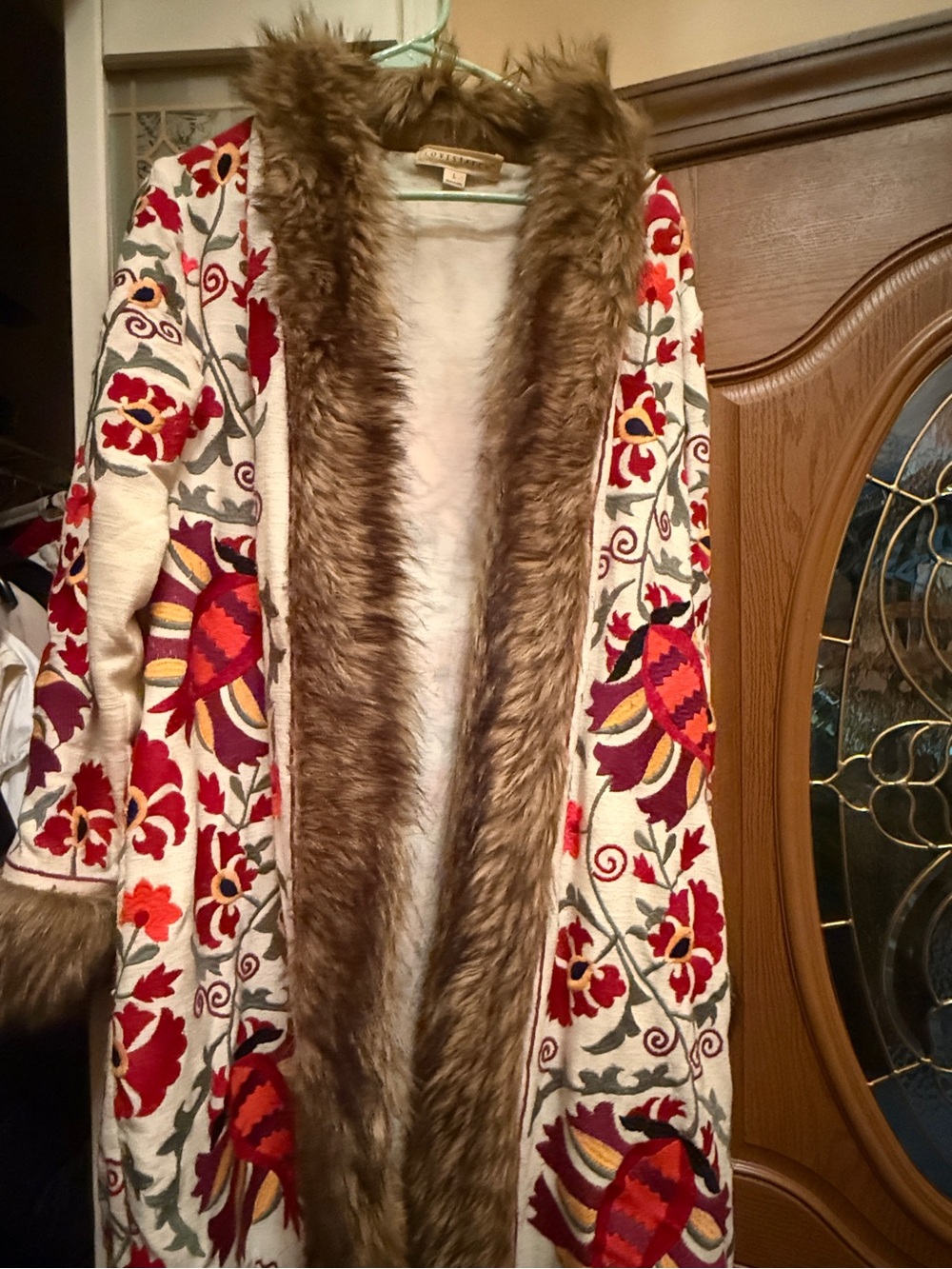 lovestitch Ivory Floral Embroidered Long Coat with Brown Faux Fur Trim